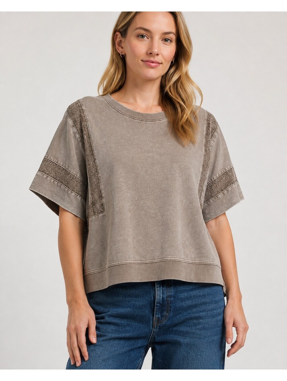 Jane + Delancey XL Taupe Mineral Wash Eyelet Lace Boxy Short-Sleeve Sweatshirt